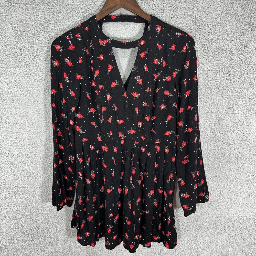 Free People Black Floral Mini Dress sz 2 Boho Dark Cottage Whimsigoth Romantic